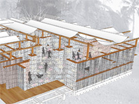 Drawing of a temporary pavillion make of reclaimed fabric bales that can be easily reconfigured. Honorable mention in the Lifecycle Building Challenge International Student Building Category.