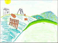 Child's drawing of hazardous waste drums in a yard