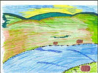 Child's drawing of hazardous waste drums in a field