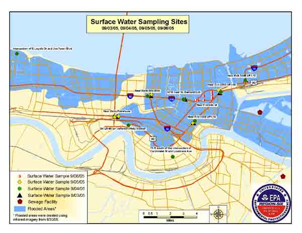Map showing the greater New Orleans dry and flooded areas and the Lake Ponchartrain shoreline.  Flood water sampling sites are marked as colored dots, spread mainly through the central and central-east areas of New Orleans.  Map title is Surface Water Sampling Sites 09/03/05, 09/04/05, 09/05/05, 09/06/05.
