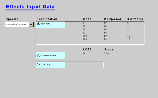 image of data entry page for sheepshead minnow with columns for specification, dose, #exposed, #effected, LC50 and slope