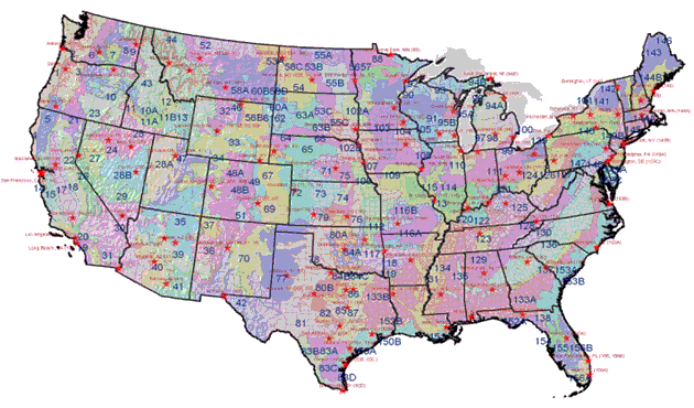 U.S. map indicating major land resources areas and associated meteorological stations