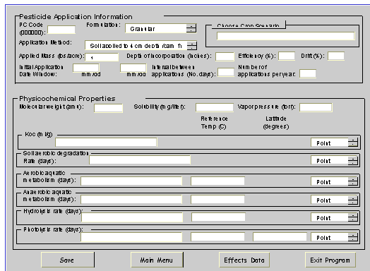 potential data entry screen with pesticide application information and physicochemical properties