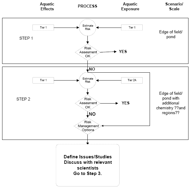flow diagram of step 1 and step 2 of process with headings: aquatic effects, process, aquatic exposure, and scenario / scale