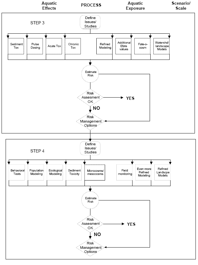 flow diagram of step 3 and step 4 of process with headings: aquatic effects, process, aquatic exposure, and scenario / scale
