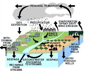 diagram of a cross-section of land with many transport routes including:  regional transport, dry deposition, precipitation, evaporation, spray drift, wind erosion, waste water, runoff, withdrawal from wells, seepage, recharge from streams, ground water discharge to streams, and entry through wells.