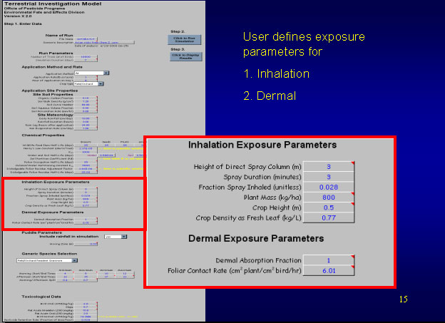 computer interface screen;  inhalation and dermal exposure parameters highlighted