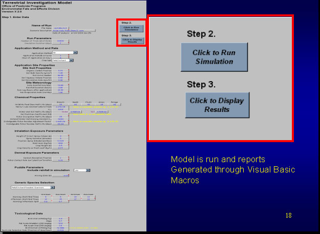 computer interface screen;  highlights on buttons to run model and display results