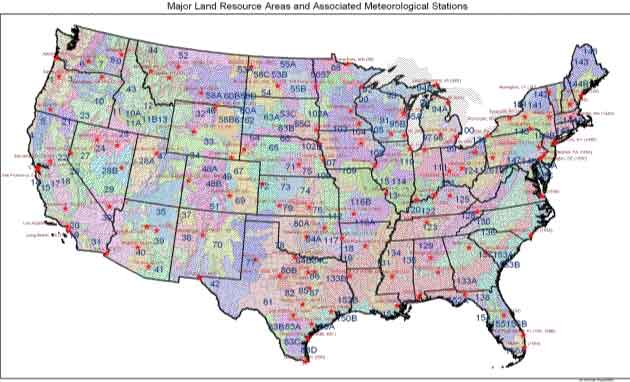 map of the United States with meteorologic stations marked with stars and land resource areas indicated by color