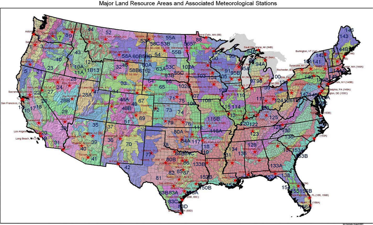 Full-size U.S. map indicating major land resources areas and associated meteorological stations
