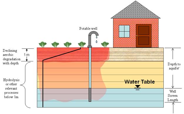 Diagram of house with potable well and defined underground areas including: declining aerobic degradation with depth of 1m; hydrolysis or other relevant processes below 1m; depth to aquifer; well screen length; water table.