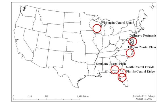 map of United States with 
		red circles around the six study areas: 
		Wisconsin Central Sands, Delmarva Peninsula, Eastern Coastal Plain, 
		Southern Coastal Plain, North Central Florida, Florida Central Ridge