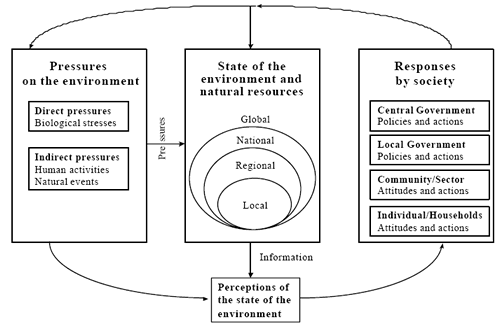 The OECD Pressure-State-Response Framework: This diagram shows the OECD Pressure-State-Response Framework.  There are 4 main boxes in the diagram.  The first box on the left is titled Pressures on the 
	Environment which includes Direct Pressures  like Biological Stresses and Indirect Pressures like Human Activities and Natural Events.  These pressures area applied to the State of the Environment and Natural 
	Resources depicted in the second box.  The second box shows concentric circles starting with local in the middle, then reigonal, then national and then global on the outside circle.  Information from the State box 
	are processed through Perceptions of the State of the Environment which is the 3rd box.  These perceptions then influence Responses by Society which is the 4th box.  Responses by Society include Central Government 
	Policies and Actions, Local Government Policies and Actions, Community/Sector  Attitudes and Actions and Individual/Household Attitudes and Actions.  There are additiional arrows pointing from the 
	'Responses' box to the 'State' box and to the 'Pressures' box, and additional arrows pointing to the 'Perceptions' box from the 'Pressures' box and from the 'Perceptions' box to the 'Responses' box.
