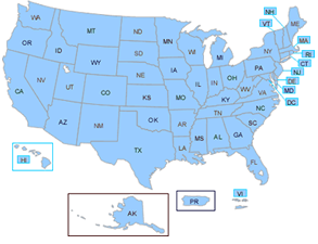 map of US showing each state