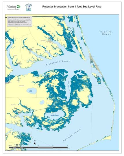 Potential inundation from one foot sea level rise