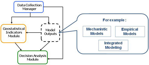 Diagram of MIRA toolbox tools.  Shown are the relationships between the  Data Collection Manager, Geostatistical Indicators Module,  Model Outputs and Programmatic and Budget Decision Analysis Module.  Examples of Model Outputs shown are Mechanistic Models, Empirical Models and Integrated Modeling.