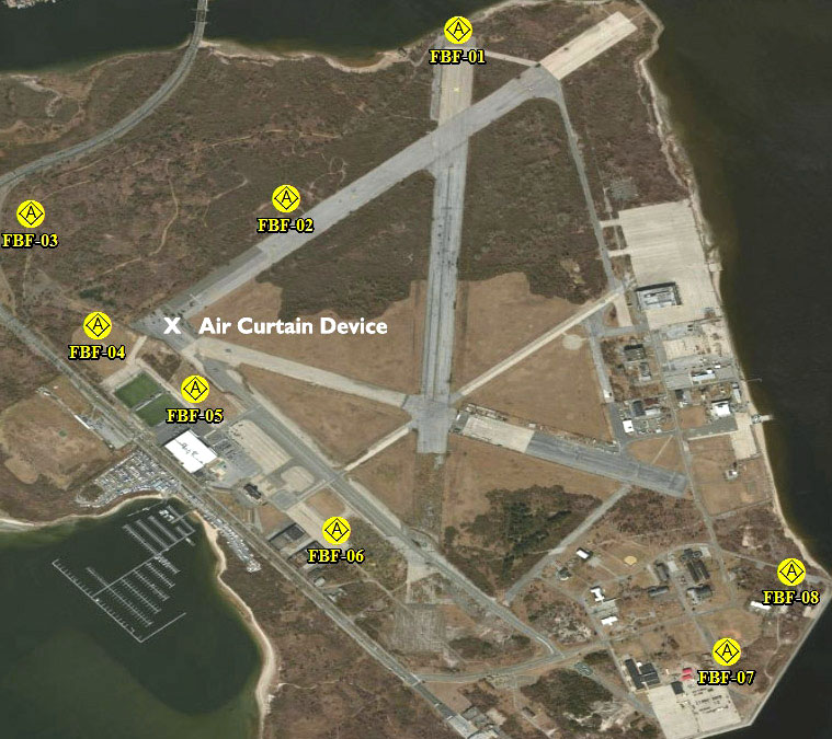 aerial image of Floyd Bennett Field, New York City showing air monitor locations on a runway surrounding the air curtain burn device