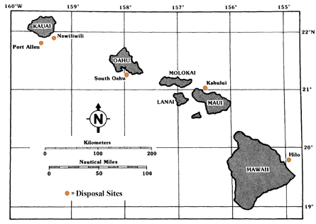 Map of Hawaii showing ocean disposal sites