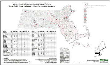 Map of depicting Massachusetts communites receiving federal brownfields program financial and technical assistance