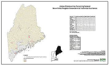 Map of depicting Maine communites receiving federal brownfields program financial and technical assistance