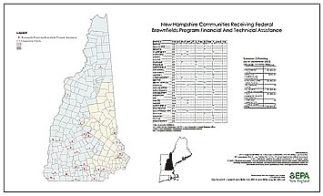 Map of depicting New Hampshire communites receiving federal brownfields program financial and technical assistance