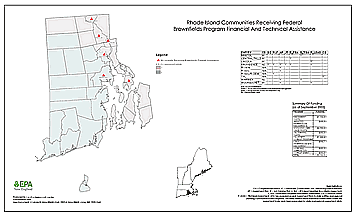 Map of depicting Rhode Island communites receiving federal brownfields program financial and technical assistance