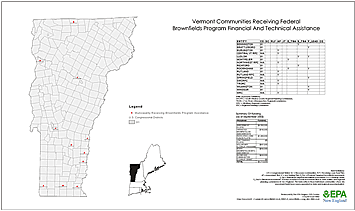 Map of depicting Vermont communites receiving federal brownfields program financial and technical assistance