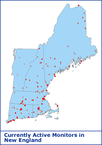 Graphic of New England displaying active air monitoring strations.