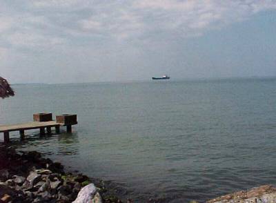 The photo shows a cargo ship in the bay and a small dock.  