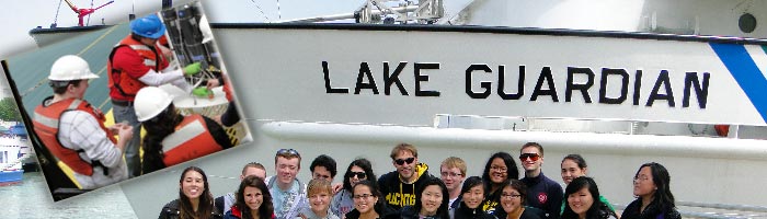 Students pose before the EPA Research Vessel Lake Guardian