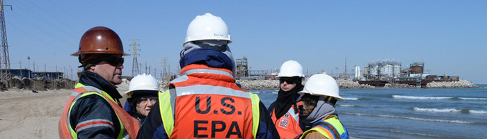 EPA personnel respond to a spill at the BP Whiting refinery on Lake Michigan.