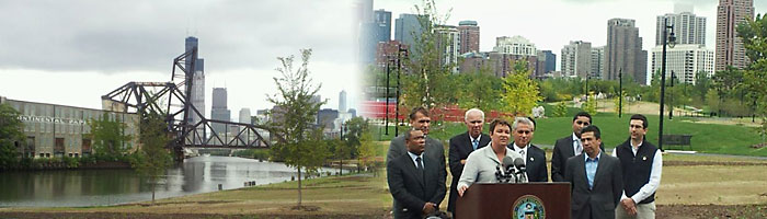 EPA Administrator Lisa Jackson and Chicago Mayor Rahm Emanuel speak near the Chicago River.