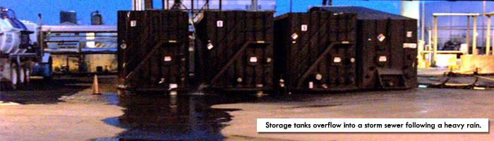 Storage tank at the site overflowing after a heavy rain