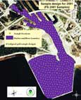 Sample designs for the Manistique River and Harbor.  The gold dots are the sample locations. The purple polygon is the area sampled.