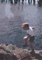 impressionistic image of a child playing on rocks next to a lake
