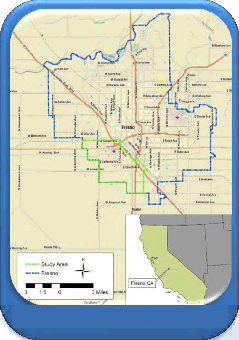 Map showing the location of West Fresno on the western edge of Fresno California
