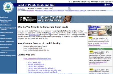 Screen shot of EPA Web site www.epa.gov/lead.