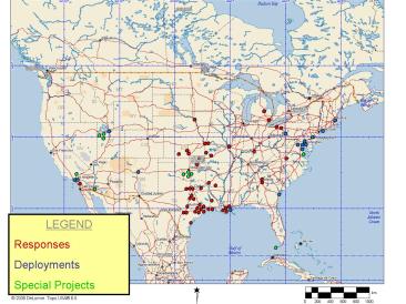 Map of ASPECT's response in North America.  Color coordinated for emergency responses, DHS, FEMA, and special projects.