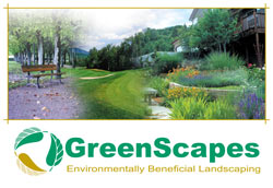 GreenScapes logo and tagline with collage of park bench and backyard images