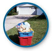 Image of recycling containers in front of a house.