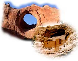 two photos: natural arch and Native American cliff dwelling