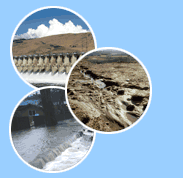 photos of changes in water flow: a dam, a dry river bed, and a flood
