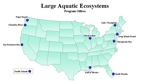 US Map showing Large Aquatic Ecosystems Program Office locations